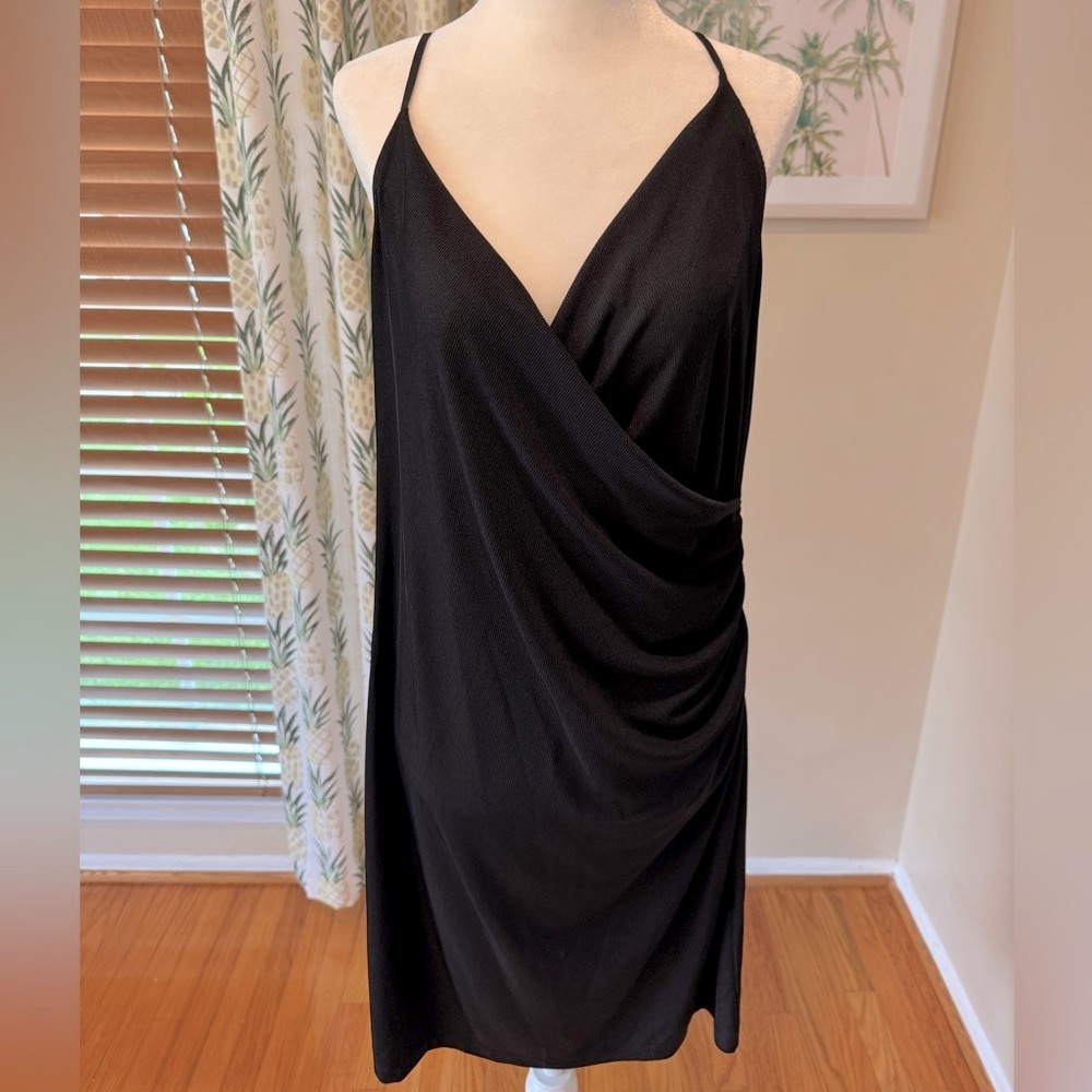 H&M Black Strappy Wrap Dress Ribbed V-Neck LBD Lightweight Dress